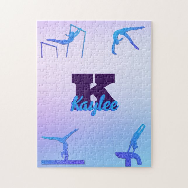 Girl Gymnastik Blue Lila Monogram Personalisiert Puzzle (Vertikal)