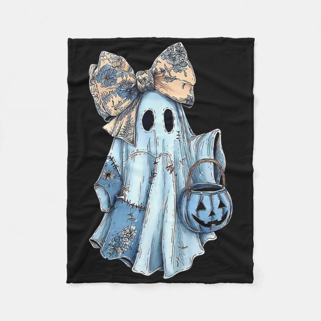 Girl Halloween Blue Denim Ghost Preppy Ghost Bow Fleecedecke (Vorderseite)