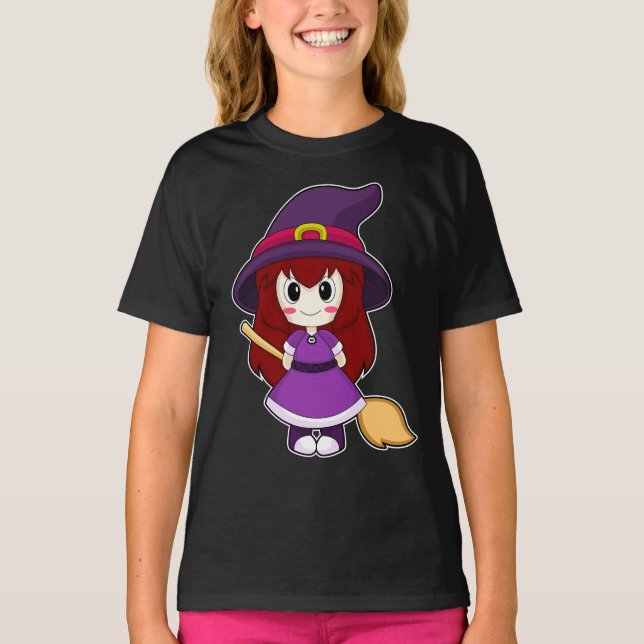 Girl Halloween Witch Broom T-Shirt (Vorderseite)