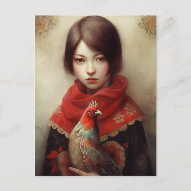 Girl hält ihre Hähnchen-KI Art Postkarte (Vorderseite)