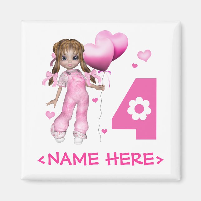 Girl Hearts 4. Geburtstag Magnet (Vorne)
