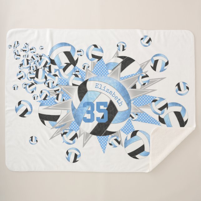 Girl hellblau schwarze Volleyballs und Sterne Sherpadecke (Vorderseite (Horizontal))
