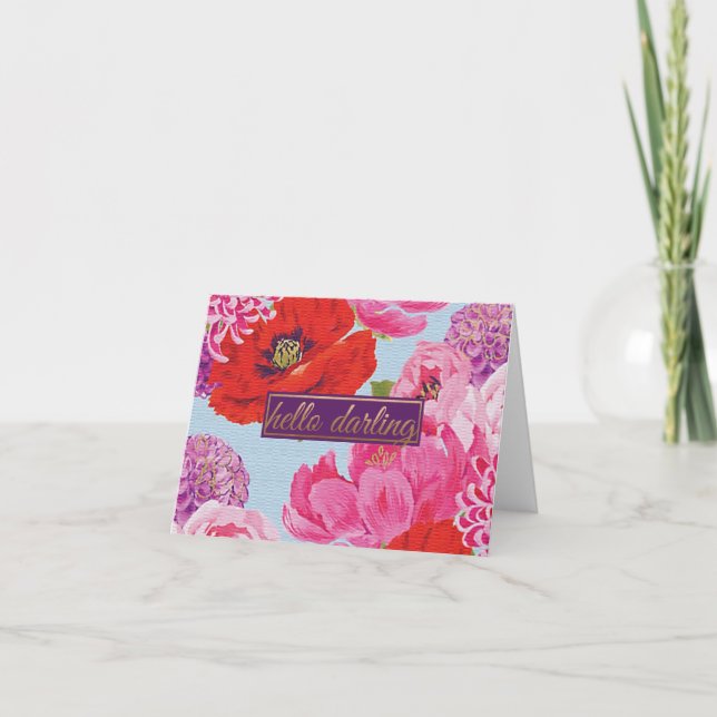 Girl Hello Darling Floral Note Card Karte (Vorderseite)