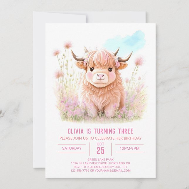Girl Highland Cow Pampas Grass Birthday Einladung (Vorderseite)