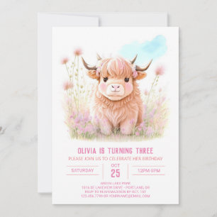 Girl Highland Cow Pampas Grass Birthday Einladung