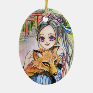 Girl Holding Fox Keramikornament