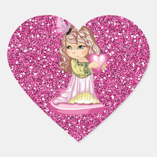 Girl Holding Heart Pink Imitate Glitzer Herz-Aufkleber (Vorderseite)