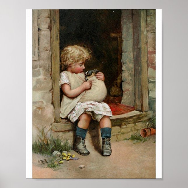 Girl Holding Niedliche Welpe Vintag Poster (Vorne)