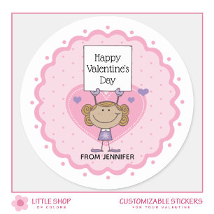 Girl Holding Sign Happy Valentine's Day Runder Aufkleber