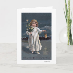Girl Holding Tree and Lantern Feiertagskarte
