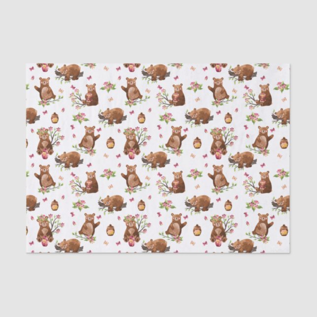 Girl Honey Bears Pattern - Pink Brown White Tissue Seidenpapier (Vorderseite)