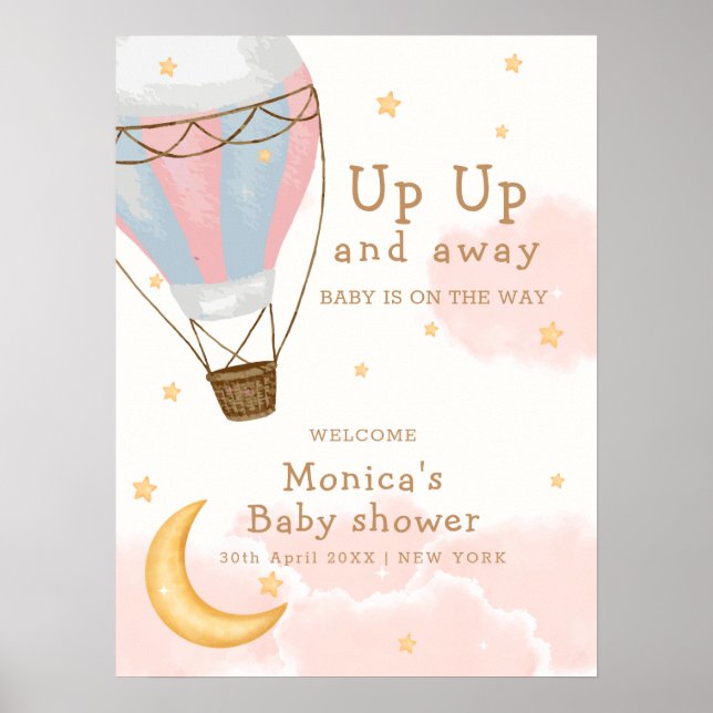 Girl Hot Air Ballon Moon Star Baby Dusche Willkomm Poster (Vorne)
