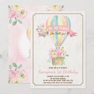 Girl Hot Air Ballon Pink Floral Girl Geburtstag Einladung