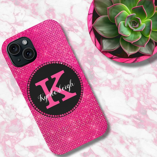 Girl Hot Pink Black Glam Diamond Monogram Name Case-Mate iPhone Hülle (Von Creator hochgeladen)