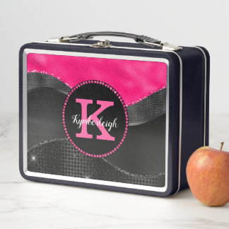 Girl Hot Pink Black Gray Waves Glam Monogram Name Metall Brotdose