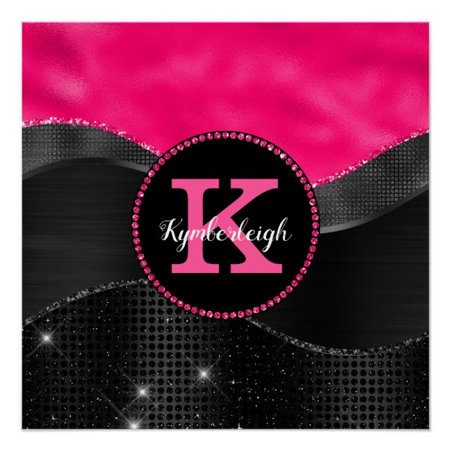 Girl Hot Pink Black Gray Waves Glam Monogram Name Poster (Vorderseite)