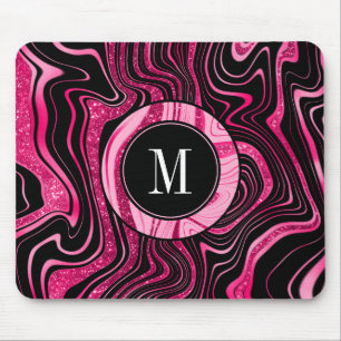 Girl Hot Pink Black Marble Glam Glitzer Monogram Mousepad