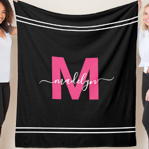 Girl Hot Pink Black Script Name Monogram Fleecedecke