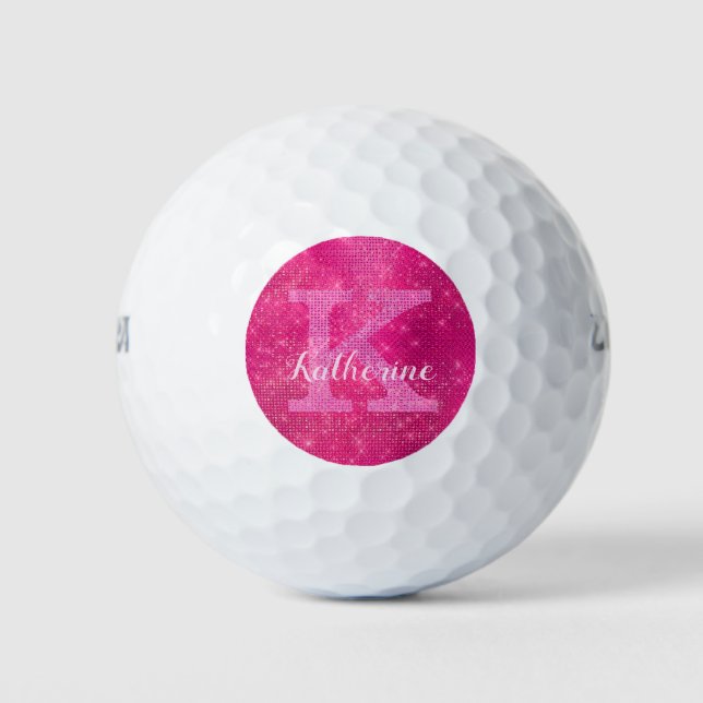 Girl Hot Pink Cool Diamond Sparkle Monogram Name Golfball (Vorderseite)