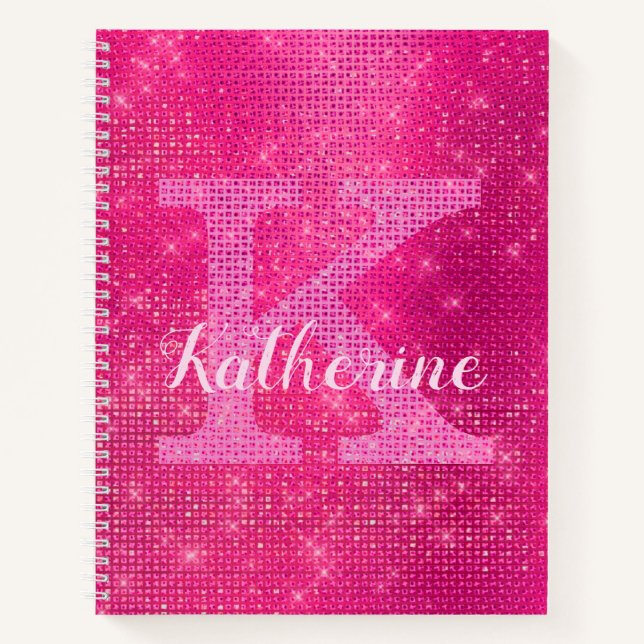 Girl Hot Pink Diamond Glam Sparkle Monogram Name Notizbuch (Vorderseite)