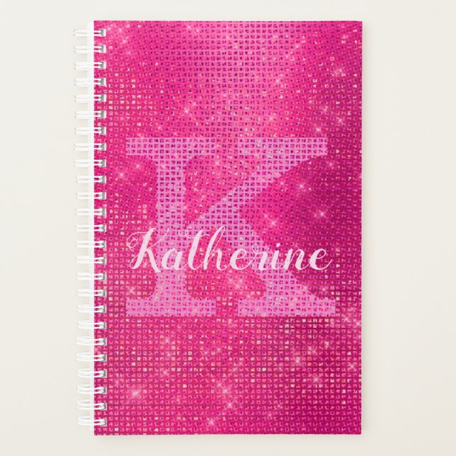 Girl Hot Pink Diamond Glam Sparkle Monogram Name Planer (Vorderseite)