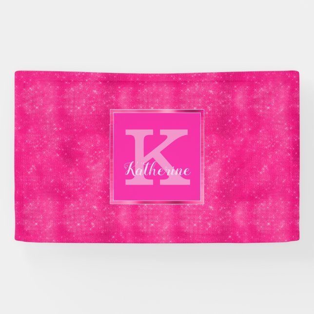 Girl Hot Pink Glam Diamond Sparkle Monogram Name Banner (Horizontal)