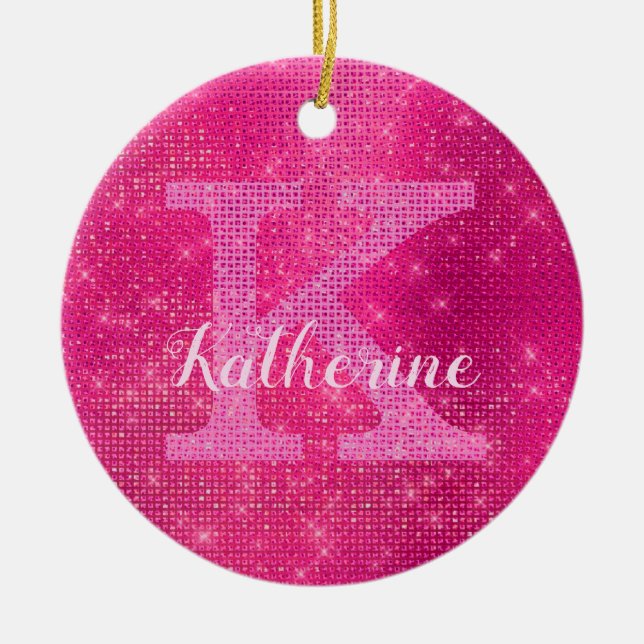Girl Hot Pink Glam Diamond Sparkle Monogram Name Keramik Ornament (Vorne)