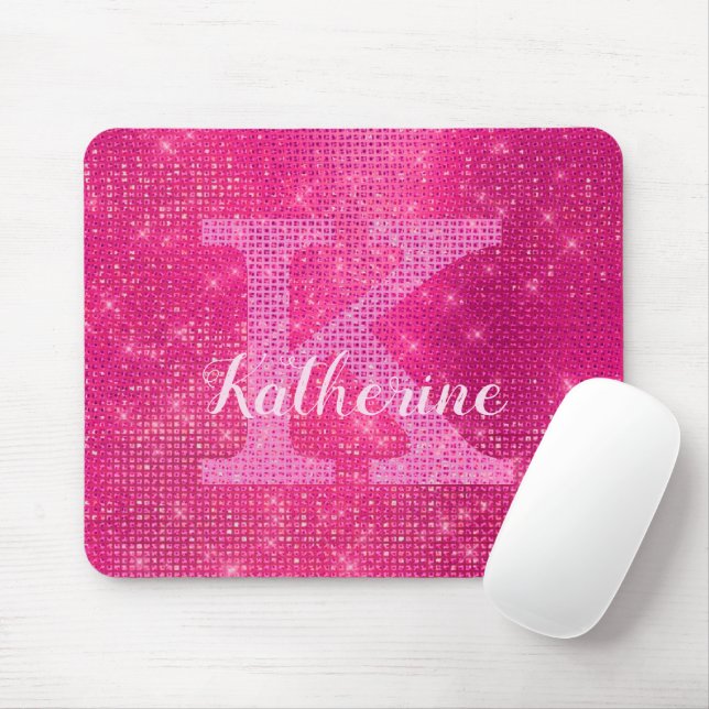 Girl Hot Pink Glam Diamond Sparkle Monogram Name Mousepad (Mit Mouse)