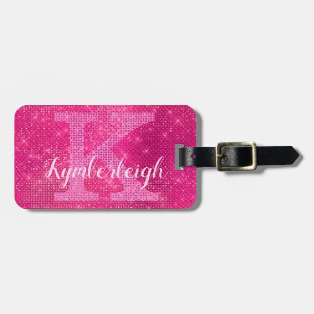 Girl-Hot-Pink-Glam Diamond-Sparkone Monogramm-Name Gepäckanhänger (Vorderseite horizontal)