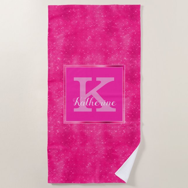 Girl-Hot-Pink-Glam Diamond-Sparkone Monogramm-Name Strandtuch (Vorderseite)