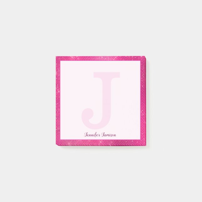 Girl Hot Pink Glam Sparkle Kleine Monogramm Name Post-it Klebezettel (Vorderseite)