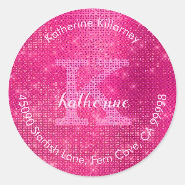 Girl Hot Pink Glitzer Glam Monogram Umschlag Aufkl Runder Aufkleber (Vorderseite)