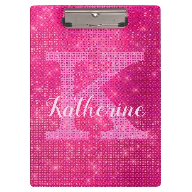 Girl Hot Pink Glitzer Glam Sparkle Monogramm Name Klemmbrett (Vorderseite)