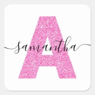 Girl Hot Pink Glitzer Letter A Monogram Quadratischer Aufkleber