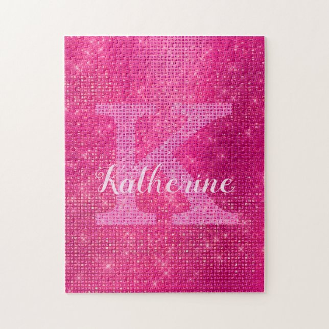 Girl-Hot-Pink-Glitzer-Sparkle-Bling-Monogramm-Name Puzzle (Vertikal)