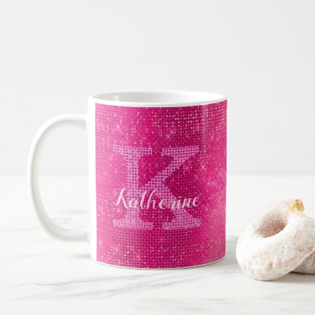 Girl Hot Pink Glitzer Sparkle Glam Monogram Name Kaffeetasse (Mit Donut)
