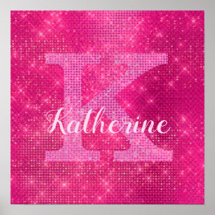 Girl Hot Pink Glitzer Sparkle Glam Monogram Name Poster