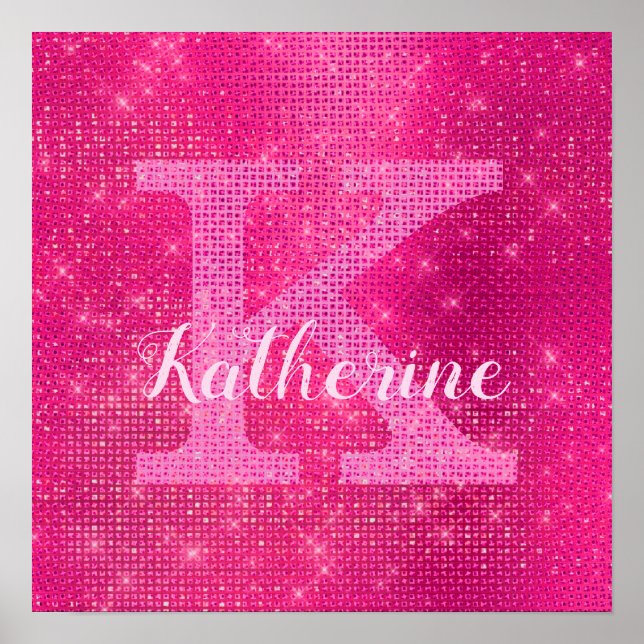 Girl Hot Pink Glitzer Sparkle Glam Monogram Name Poster (Vorne)