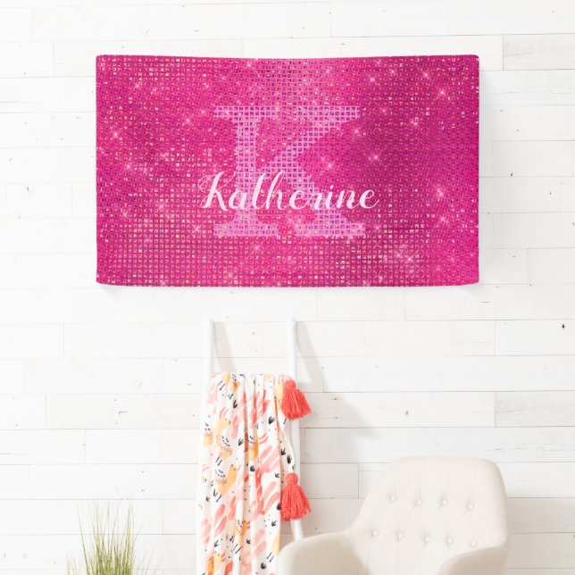 Girl Hot Pink Glitzer Sparkle Monogram Name Dorm Banner (Insitu)