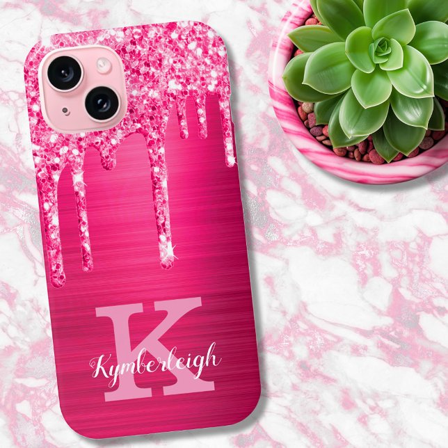 Girl Hot Pink Glitzer Tropfen Glam Monogram Name Case-Mate iPhone Hülle (Von Creator hochgeladen)