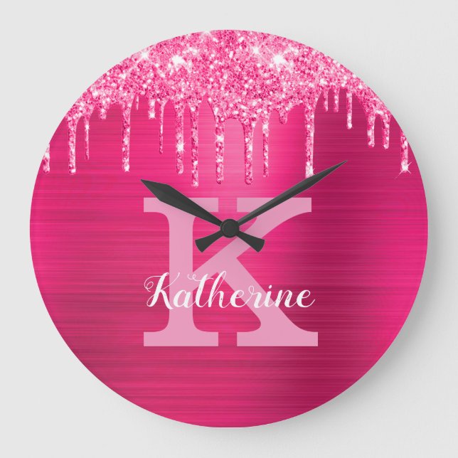 Girl Hot Pink Glitzer Tropfen Glam Monogram Name Große Wanduhr (Vorderseite)