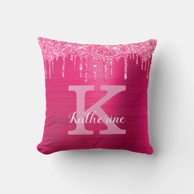 Girl Hot Pink Glitzer Tropfen Glam Monogram Name Kissen (Vorderseite)