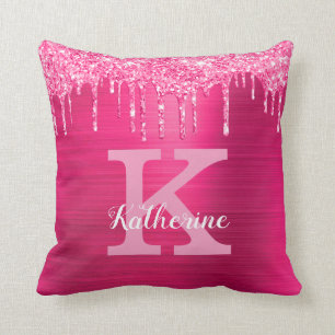 Girl Hot Pink Glitzer Tropfen Glam Monogram Name Kissen