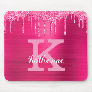 Girl Hot Pink Glitzer Tropfen Glam Monogram Name Mousepad