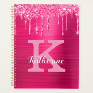 Girl Hot Pink Glitzer Tropfen Glam Monogram Name Planer
