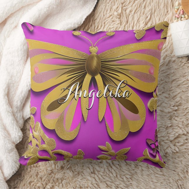 Girl Hot Pink Gold Butterfly Personalisierter Name Kissen (Decke)