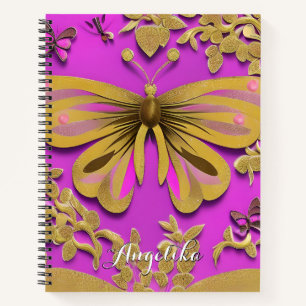 Girl Hot Pink Gold Butterfly Personalisierter Name Notizbuch