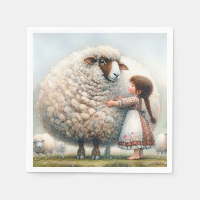 Girl Hugging Oversized Ewe Serviette (Vorderseite)