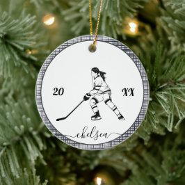 Girl Ice Hockey Player Dated Year & Name Grau Spor Keramik Ornament