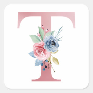 Girl-Imitate Rosa Foil Floral Letter T Monogram Quadratischer Aufkleber